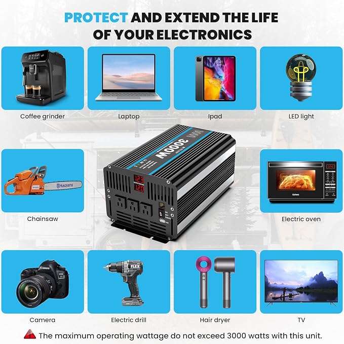 OLTEANP 3000W Power Inverter Pure Sine Wave Inverter 12V DC to 110V AC Car Inverter with USB Ports,3 AC Outlets, LCD Display, Remote Controller for Car, Truck, Home, Vehicles, Boat, Power Outage