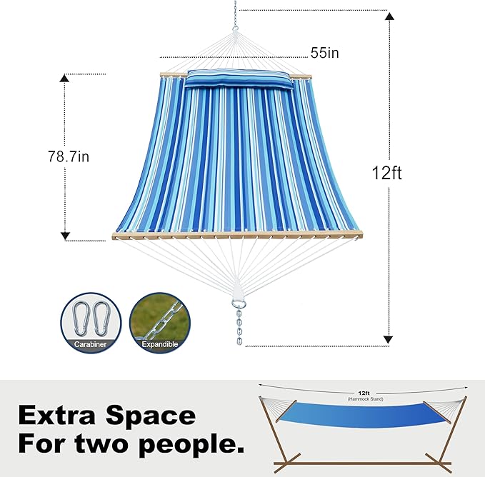 GAFETE Hammock 2 Person Quilted Fabric Hammocks for Outside, Double 12ft Hammocks with Spreader Bar, Large Removable Pillow, Storage Bag, Carabiners, Max 475 lbs Capacity (Ocean Blue)