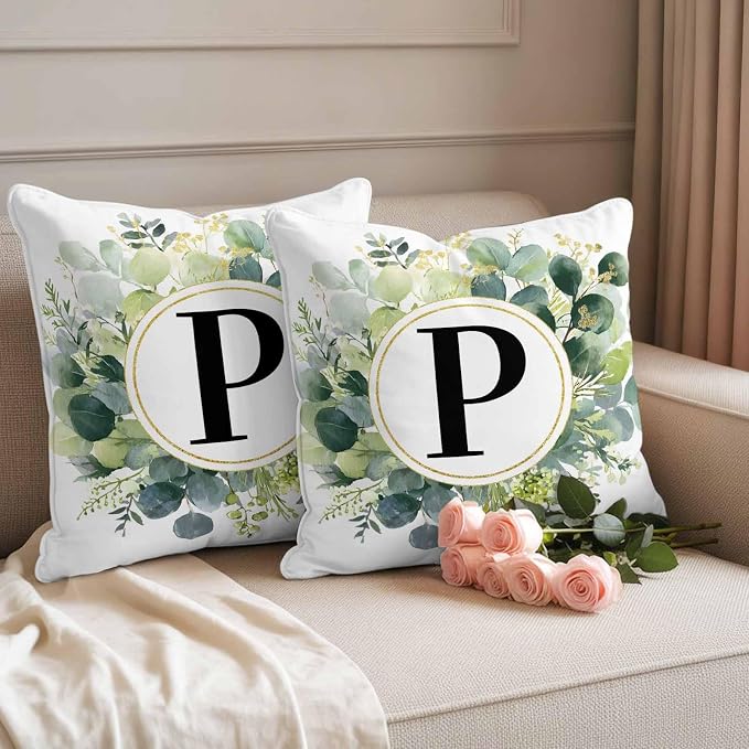 Letter P Waterproof Outdoor Pillow Covers Set of 2 Home Decor, Alphabet Green Eucalyptus Leaves Pillowcase Patio Pillow Covers for Couch Bench Patio Furniture Garden 16x16in