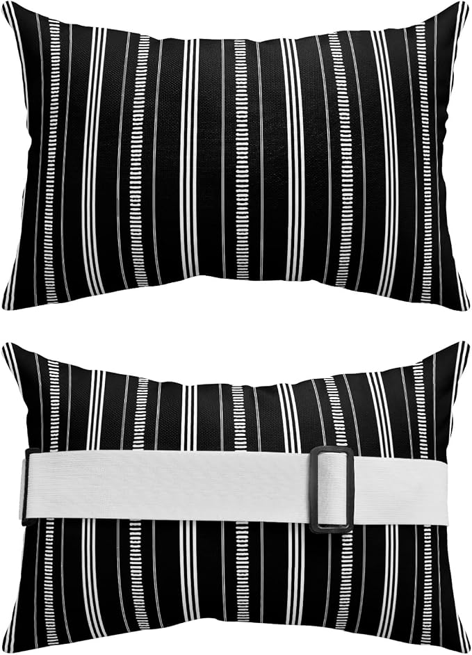 Outdoor Lumbar Pillows 12x20 Set of 2, Boho Black Waterproof Throw Pillow Covers with Insert, Minimalist Farmhouse Striped Decorative Support Pillows for Lounge, Chaise