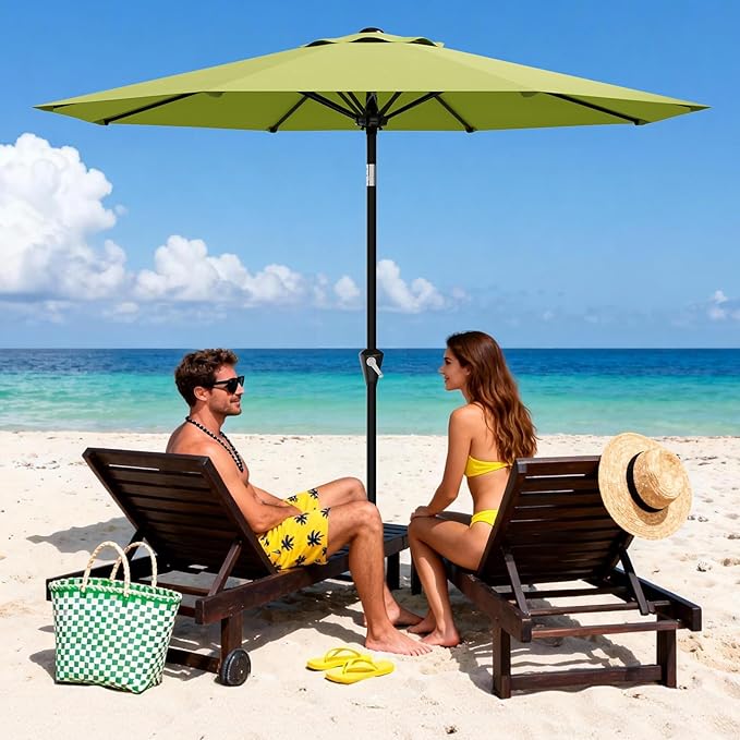 IDEALHOUSE 10FT Outdoor Patio Umbrella, UV Resistant Outdoor Table Parasol, Push Button Tilt & Crank Lift, 8 Fiberglass Ribs, Heavy Duty Canopy, Large Sunshade for Deck Yard Pool Cafe