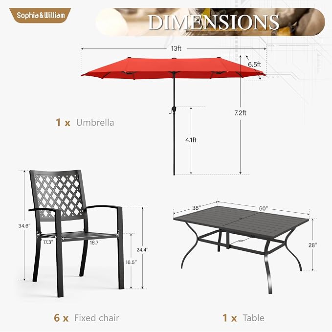 Sophia & William Patio Dining Set with 13ft Double-Sided Patio Umbrella, 8 Piece Metal Outdoor Table Furniture Set with 6 Chairs and 1 Rectangular Dining Table and 1 Large Orange Red Umbrella