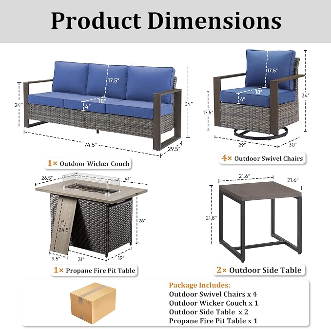 Patio Furniture Set with Fire Pit Table, 8-Piece Outdoor Wicker Sofa and 4 Swivel Chairs, All-Weather Conversation Set for Backyard, Deck and Poolside, Grey/Blue
