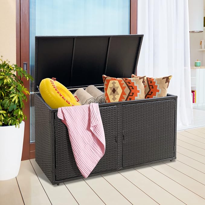 RELAX4LIFE PE Wicker Storage Box - Outdoor 88 Gallon 2-Tier Deck Box for Patio Furniture Toys Storage w/Lid & Front Doors, All Weather Rattan Storage Bin for Backyard Garden Poolside Porch (Black)