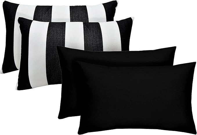 RSH DECOR: Lumbar Throw Pillows Set of 4 | 20” x 12" | All-Weather Spun Fabric | Water and Fade-Resistant | Outdoor Support Pillows for Patio Furniture | Black & White Stripe + Solid Black