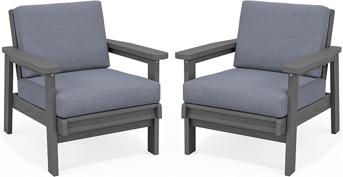 SERWALL HDPE Outdoor Furniture Set, 2 Piece All Weather Wood-Like Outdoor Sofa Sectional Couch, Grey Frame and Grey Cushion