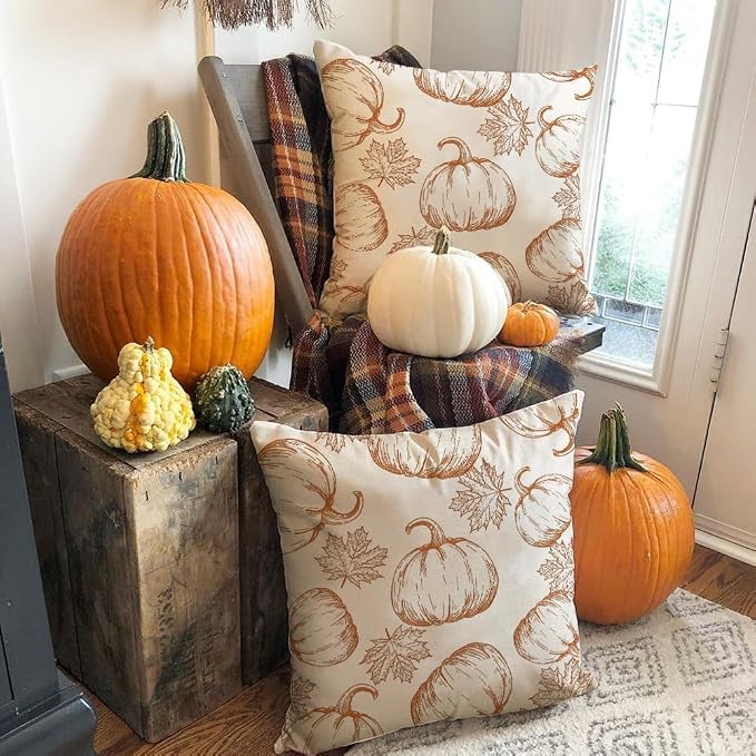 RABUSOFA Fall Pillow Covers 18x18 Inch Set of 2 Thanksgiving Autumn Outdoor Waterproof Pumpkin Maple Leaf Harvest Throw Cushion Cases Seasonal Fall Farmhouse Decorations for Home Couch Patio