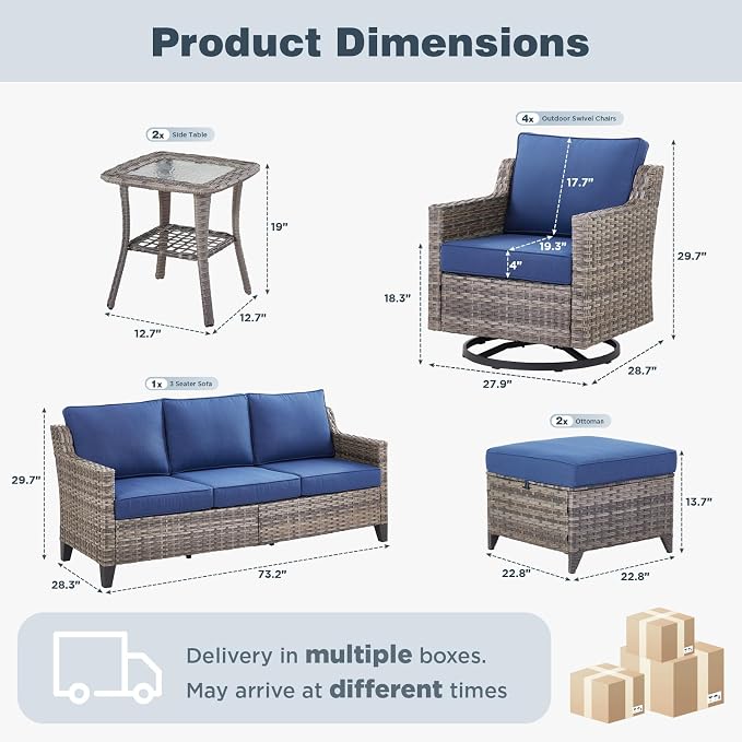 Belord Patio Wicker Swivel Rocker Patio Chairs with 3-Seater Sofa, Outdoor Rattan Chairs for Deck Porch Poolside, 9 Piece Patio Conversation Furniture Set,Blue