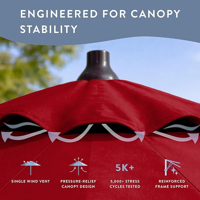 California Umbrella 8-Year Protection 9 Ft Outdoor Patio Umbrella, Solstice Fade-Resistant Fabric, Auto-Tilt, Heavy Duty Aluminum Frame, 8 Reinforced Ribs for Pool or Deck, Bronze Pole, Red