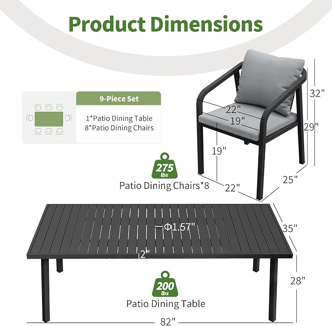 Outdoor Dining Set,9-Piece Patio Dining Table Set for 8 with Rectangular Table & 8Thick Cushion Sofa Chair, Aluminum All-Weather Patio Furniture Set for Backyard, Garden and Poolside (Black)