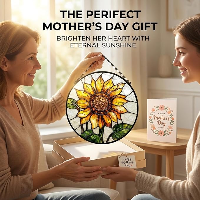 Sunflower Gifts for Women - Yellow Flower Faux Stained Glass Window Hanging Sun Catcher for Door Garden Acrylic Decor Mother's Day Christmas Birthday Gift for Mom Nana Grandma Sisters Colleague 7.8"