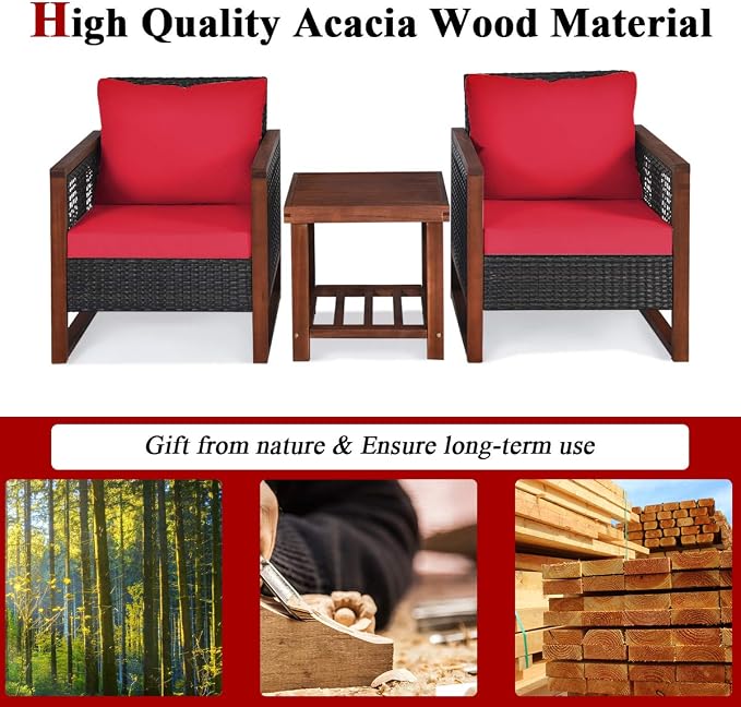 Tangkula 3 Pieces Patio Wicker Furniture Set, Rattan Outdoor Sofa Set w/Washable Cushion & Acacia Wood Coffee Table, Conversation Bistro Set for Garden Balcony Backyard (Red)