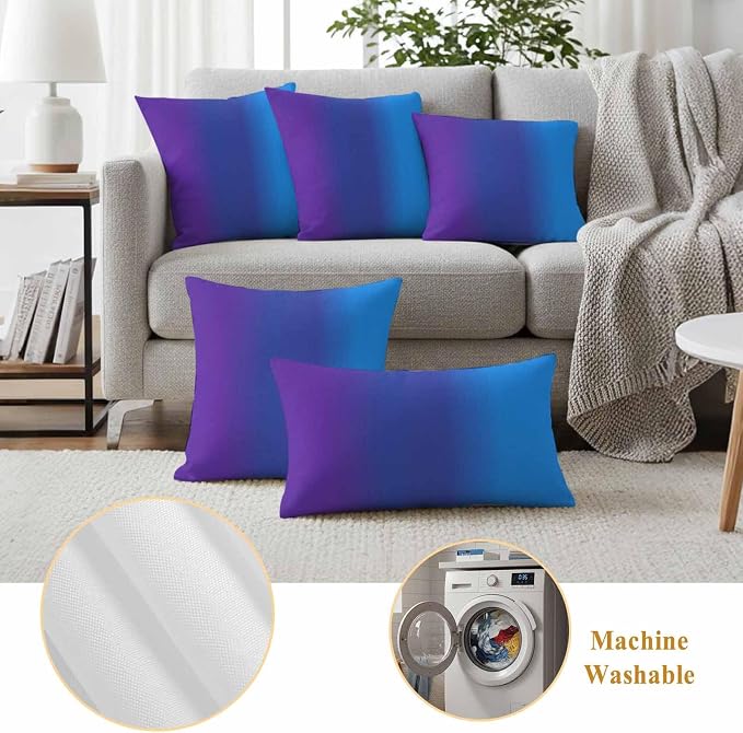 Purple Blue Ombre Outdoor Pillow Covers Waterproof, All Weather Cushion Case Set of 2, Modern Color Gradient Striped Decorative Pillowcases for Sofa Couch Bed Decor Patio Furniture 18"x18"