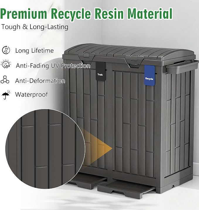 Outdoor Trash Can, 60 Gallon Garbage Can with Tiered Lid and Drip Tray, Waterproof Resin Waste Bin for Patio, Garden, Backyard, Deck, Brown