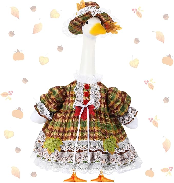FuWeave Fall Porch Goose Outfit Maple Goose Costume Fancy Porch Geese Clothes with Wide Hat for 23" 17" Outdoor Patio