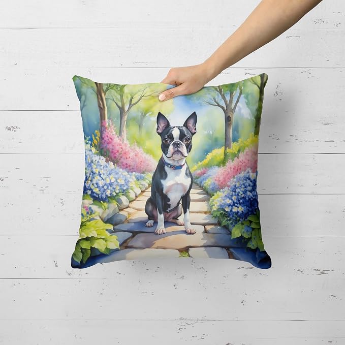 Caroline's Treasures Boston Terrier Spring Path Throw Pillow Machine Washable, Indoor Outdoor Decorative Pillow for Couch, Bed or Patio, 18Hx18W