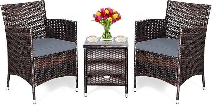 DORTALA Wicker Patio Furniture Set 3 Piece, Small Outdoor Table & Chairs Set with Cushions, All-Weather Rattan Conversation Bistro Set for Balcony, Porch, Backyard, Deck, Grey