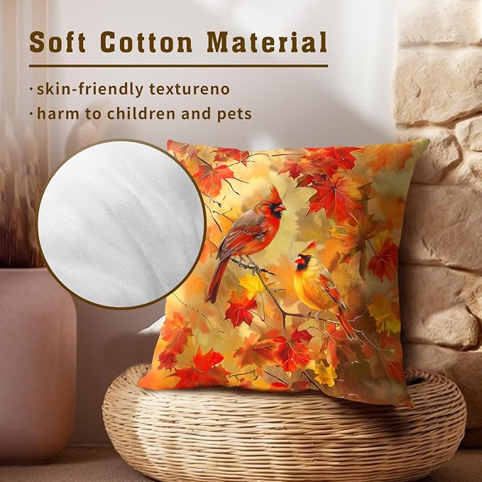 Maple Leaf Fall Pillow Cover Set of 2, 20x20 Inch Autumn Harvest Tree and Birds Rustic Farmhouse Cotton Linen Square Cushion Case for Couch Sofa Bed Patio Living Room Home Decor