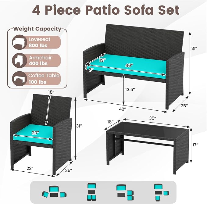 HAPPYGRILL 4 Piece Rattan Wicker Patio Conversation Set, Outdoor Furniture with Chair Loveseat Table & Cushion, for Backyard Porch Balcony (1, Black & Turquoise)