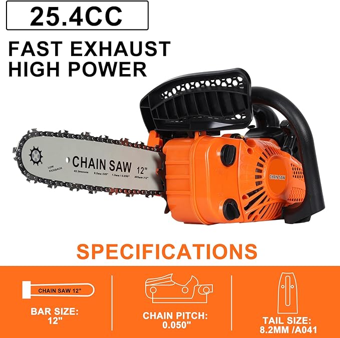 25.4cc Gas Powered Chainsaw 12 Inch Top Handle Gas Chainsaw, 2-Stroke Portable Chain Saws for Trees, Automatic Oiler, For Wood Cutting, Tree Trimming