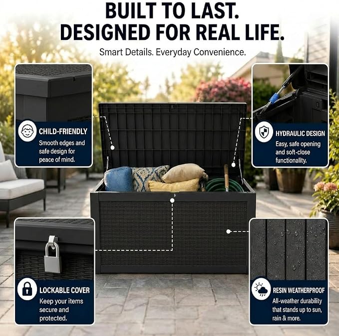 LAUSAINT HOME 260 Gallon XXXL Outdoor Deck Box, Waterproof Resin Storage Box Bench with Lock, Large Patio Cushion Storage, Garden Tool Organizer, Pool Storage Container, 3-Person Seat, Black