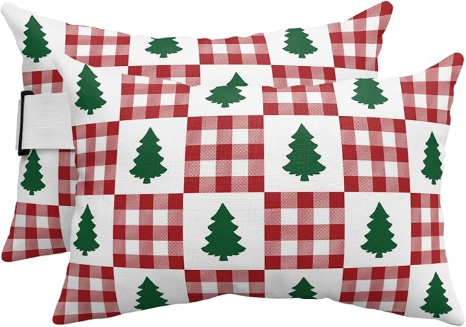 Outdoor Pillows Covers with Inserts Green Christmas Tree and Red Plaid Waterproof Recliner Pillow with Adjustable Strap Throw Pillows for Patio Furniture Pool Lounge Chair, 12x20 inch, 2PCS