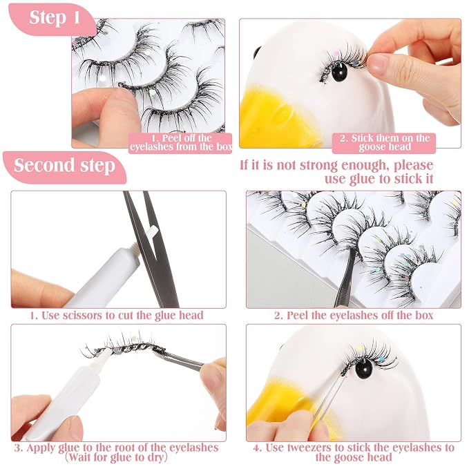 Geelin 7 Pcs Porch Goose Outfit Eyelash for 23/17'' Plastic Lawn Goose Statue Reusable Mink Fake Lashes End 3D Salon Eyelashes for Lawn Patio Art Decoration(Glitter,Black)
