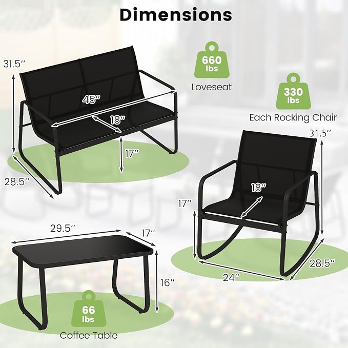 Tangkula 4 Piece Patio Furniture Set, Outdoor Rocking Bistro Set with 2 Rocking Chairs, Loveseat & Tempered Glass Coffee Table, Porch Rocker Chair Conversation Set for Balcony Poolside Garden