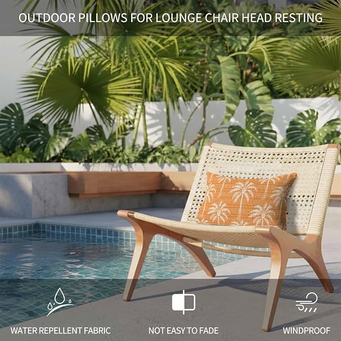 Outdoor Pillow for Chaise Lounge Chair Orange Palm Tree Summer Headrest Pillow with Adjustable Elastic Strap Set of 2,11x16 inch, Tropical Plant Retro Boho Waterproof Head Pillows for Patio Pool