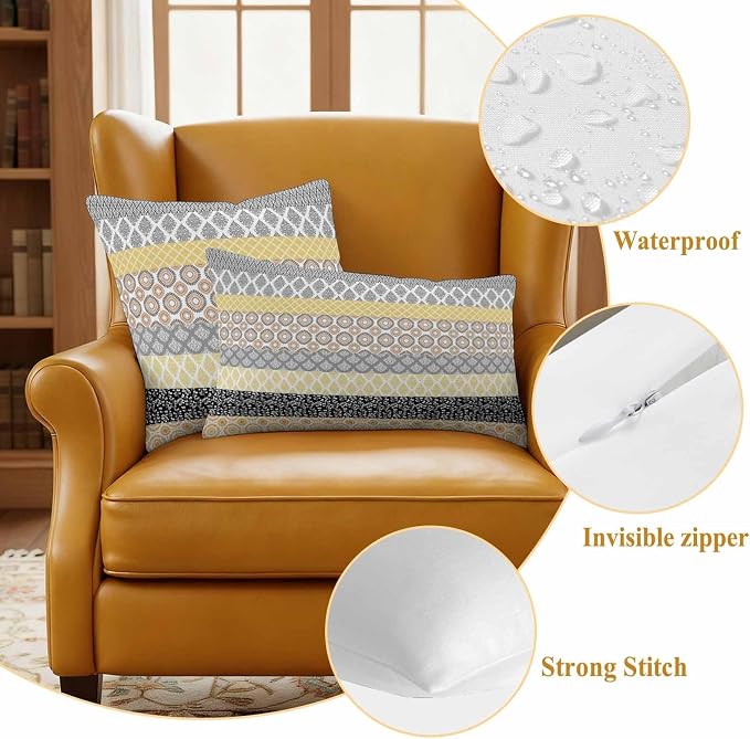 Geometric Bohemia Outdoor Waterproof Throw Pillow Covers Set of 2, 20"x12", Stripes Brown Yellow and Black Decorative Pillow Covers Outside Cushion Case for Patio Porch Garden