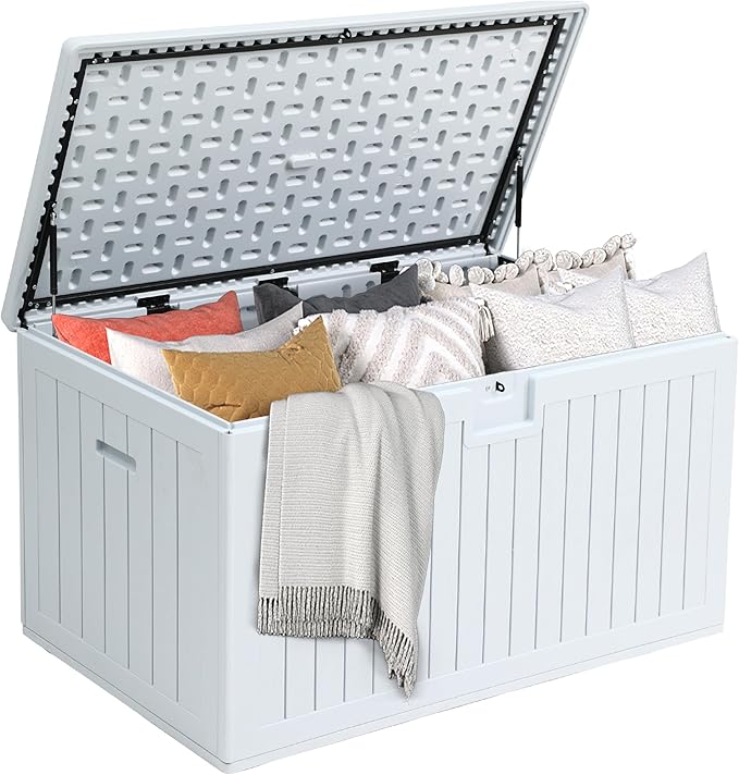 DWVO 180 Gallon Resin Outdoor Storage Box, XXL Double-Wall Waterproof Deck Box, Doubles as Table or Seating with 1000 lbs Capacity, Lockable (Grayish-White)