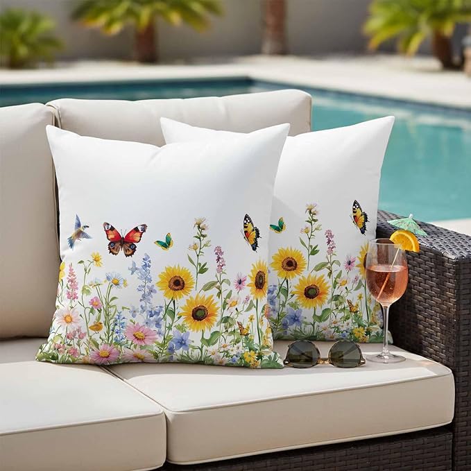 Colorful Florals Outdoor Waterproof Throw Pillow Covers Set of 2, 20"x20", Sunflower Daisy Butterfly Farm Botanical Decorative Pillow Covers Outside Cushion Case for Patio Porch Garden