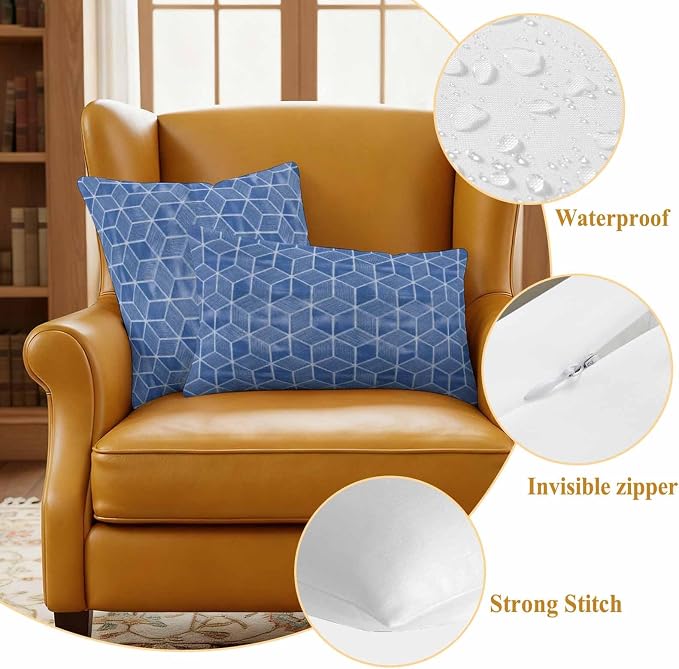 Blue Honeycomb Tiling Waterproof Outdoor Pillow Covers Set of 2 Home Decor, Wooden Grain Blocks Pillowcase Patio Pillow Covers for Couch Bench Patio Furniture Garden 16x16in