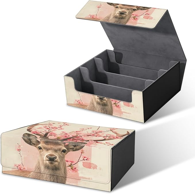 Large Card Deck Box for MTG, Fits 1200+ Sleeved Cards, PU Leather Storage Case with Strong Magnetic Closure, Multiple Colors for TCG CCG Baseball Card Collections, Peach Blossom Deer