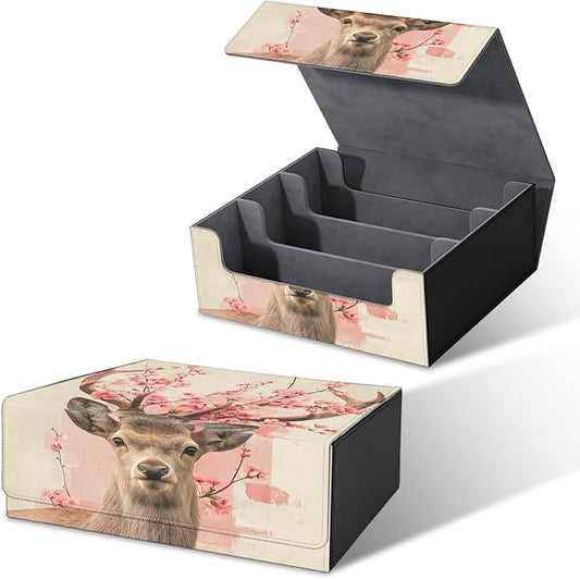 Large Card Deck Box for MTG, Fits 1200+ Sleeved Cards, PU Leather Storage Case with Strong Magnetic Closure, Multiple Colors for TCG CCG Baseball Card Collections, Peach Blossom Deer