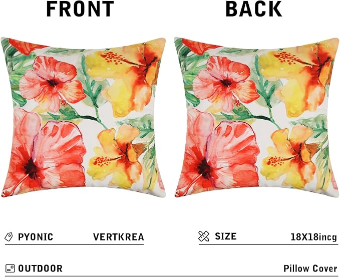 Pyonic Outdoor Pillow Covers Pack of 2 Red Yellow Floral Waterproof Throw Pillow Covers 18X18 inch Outdoor Pillows for Patio Furniture Garden Square Outside Waterproof Pillow