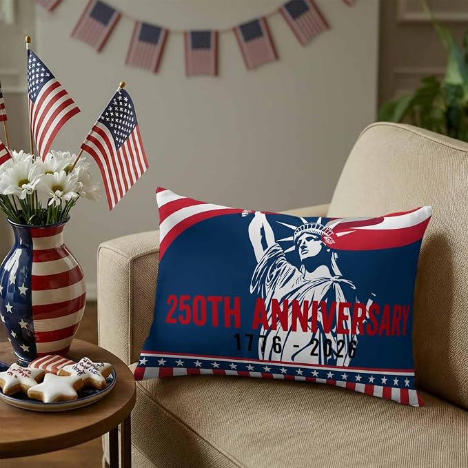 250th Anniversary Outdoor Pillow Covers 20"x12" Set of 2, Statue of Liberty Independence Day Waterproof Throw Pillow Covers for Patio Furniture, Decorative Cushion Covers for Porch