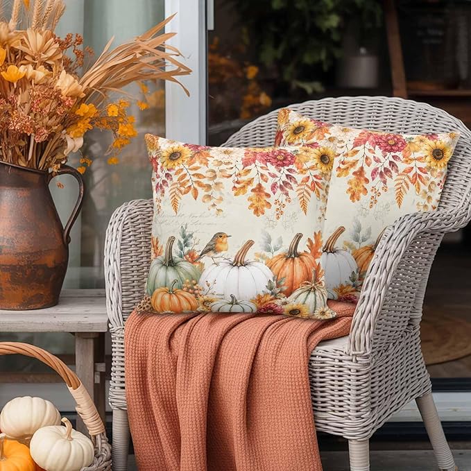 Orange White Pumpkins Fall Throw Pillow Covers 24x24 Inch Set of 2, Thanksgiving Waterproof Outdoor Pillow Covers, Sunflower Retro Decorative Cushion Pillowcases for Couch, Sofa, Bed, Garden, Patio