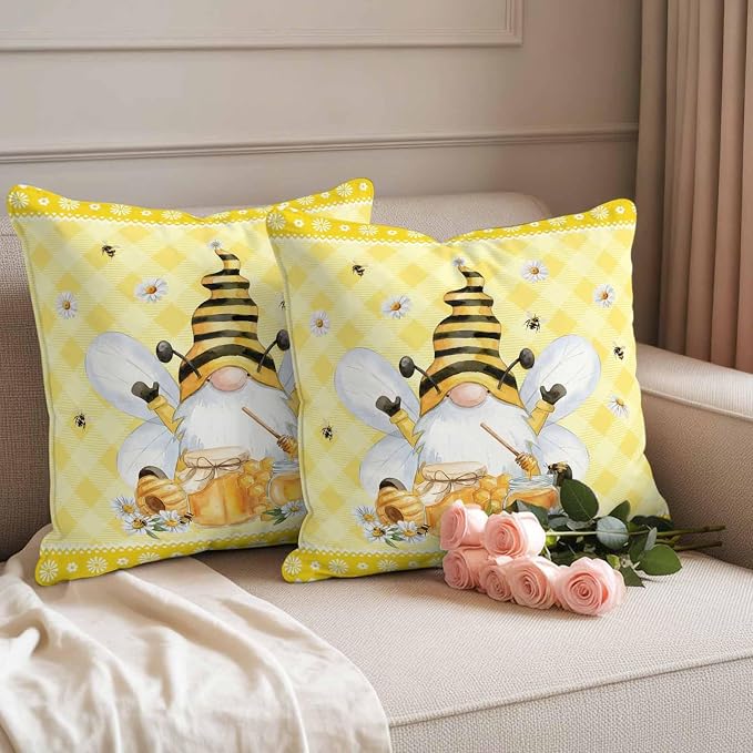 Yukro Honey Gnome Outdoor Waterproof Pillow Covers Pack of 2, Watercolor Honey Bees Floral Yellow Plaid Decorative Throw Pillowcases Cushion Covers for Garden Patio Tent Sofa Couch, 20x20 inch