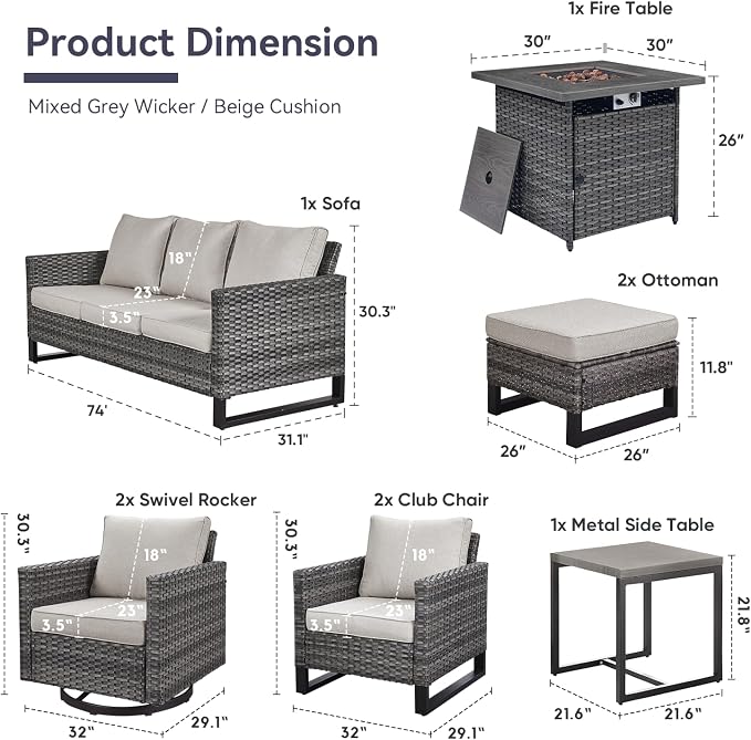 Belord Patio Furniture Set with Fire Pit Table: 9 Pieces Wicker Oversize Patio Conversation Set with Outdoor Swivel Glider Rocker Rattan Couch Ottomans, Anti-Rust Frame, Removable Cushion Beige