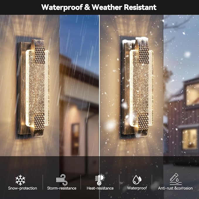 camuucci Dusk to Dawn Outdoor Wall Light, Sparkling Glow Porch Sconce | IP65 Waterproof Exterior LED Wall Light, Bubble Acrylic Design, 15.7-Inch Front Door Light for Porch Patio, Bronze
