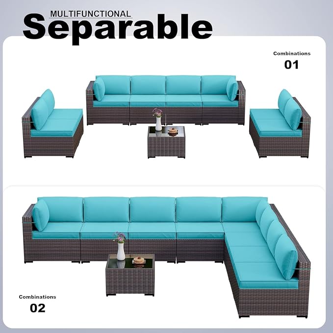 9 Pieces Outdoor Patio Furniture Set Brown Rattan Sectional Sofa with Manual Wicker, Cushions and Covers, Tempered Glass Tea Table Patio Conversation Set for Backyard Garden Lounge(Blue)