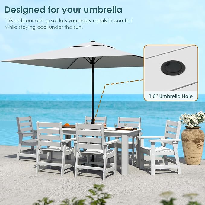 IVY&LANE Outdoor Dining Table | HDPE | 67’’ Rectangle Tables | White | All Weather | Umbrella Hole | Patio Furniture | for Poolside Lawn Garden Backyard