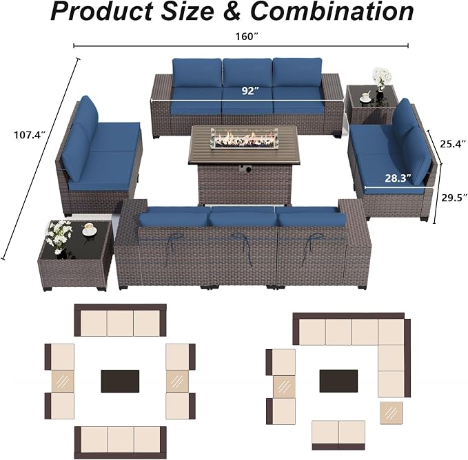 ALAULM 13 Pieces Patio Furniture Set with Propane Fire Pit Table Wicker Outdoor Sectional Sofa Sets Patio Furniture 43" Gas Fire Pit Brown PE Rattan Patio Conversation Set w/10 Cushions (Dark Blue)