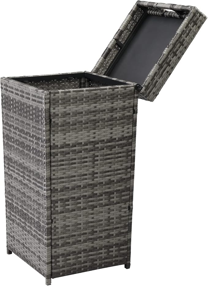 Rattan Deck Storage Box,Rattan Pool Storage Box with Lid & Top Cover Iron Frame, Garden Deck Bin Storage Bench Deck Box for Garden, Backyard, Pool (Grey)
