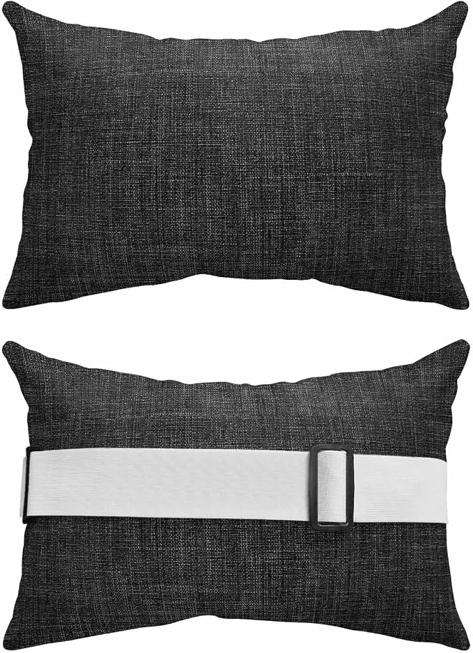 Black Outdoor Lumbar Pillows 12x20 Set of 2, Farmhouse Burlap Solid Black Color Modern Linen Texture Waterproof Throw Pillow Covers with Insert, Decorative Support Pillows for Lounge, Chaise