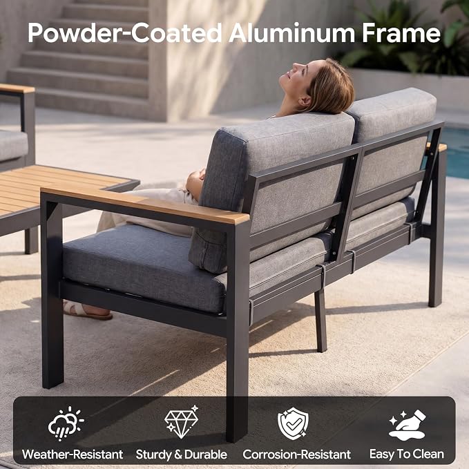 Outdoor Patio Sofa, 3-Seat Aluminum Outdoor Couch with 5-Inch Water-Resistant Cushions, Powder-Coated Frame for Porch, Deck, Backyard, Garden, Poolside, Gray