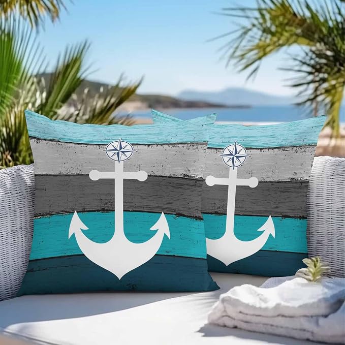 Outdoor Waterproof Throw Pillow Cover White Compass Anchor Nautical Theme Decorative Pillows Cushion Covers Teal Grey Wooden Plank 2 Pack Pillow Cases for Patio Garden Balcony Couch Sofa 16x16In