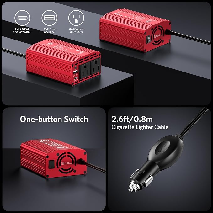 BESTEK 300W Power Inverter with 65W USB-C QC3.0 Ports - 12V DC to 110V AC Car Converter Charger for Vehicles - 11V-17V Aluminum Housing Car Plug in Cigarette Lighter Adapter Outlet for Laptop