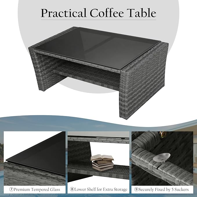 RELAX4LIFE 4 PCS Wicker Patio Furniture Set with Soft Cushions & Tempered Glass Table Outdoor Rattan Sofa Set for Backyard Garden Balcony Poolside Sectional Conversation Couch Set (Black)
